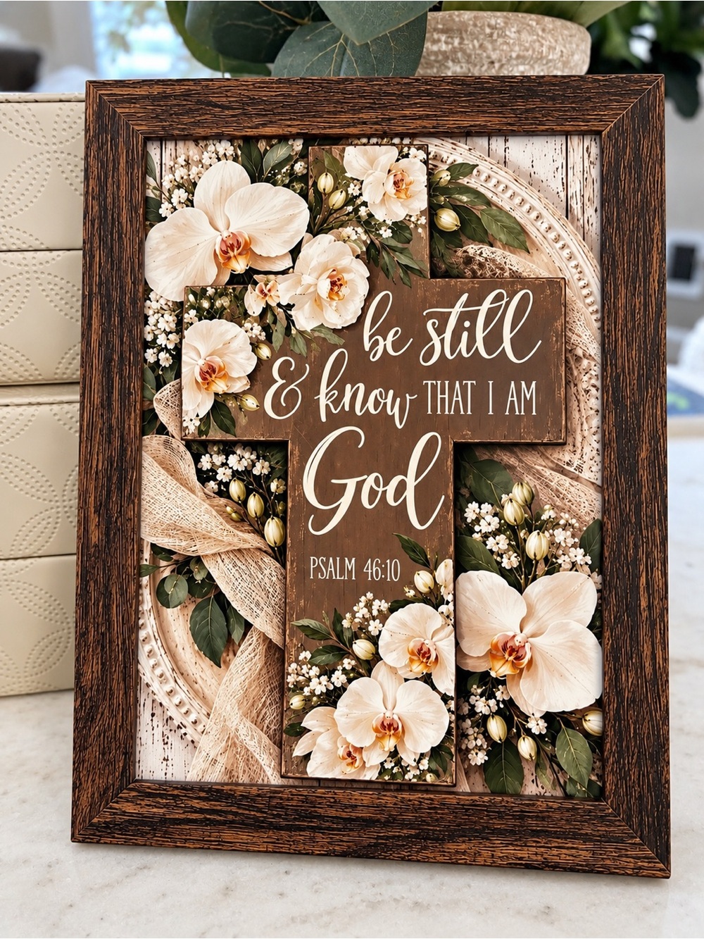 Be Still & Know That I Am God Floral Cross Wall Art - White Cream